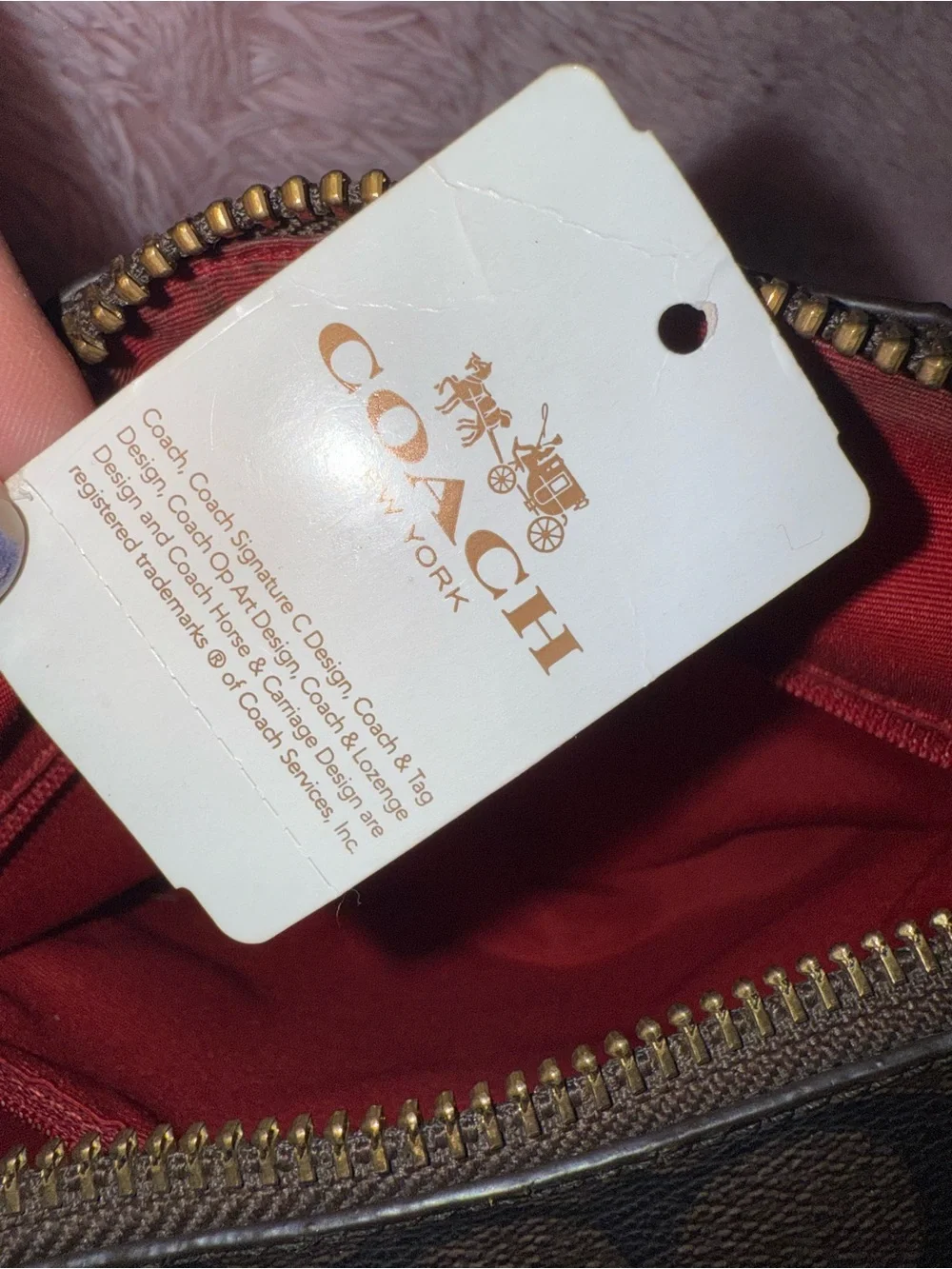 Coach Brown Signature Shoulder Bag with Red Trim